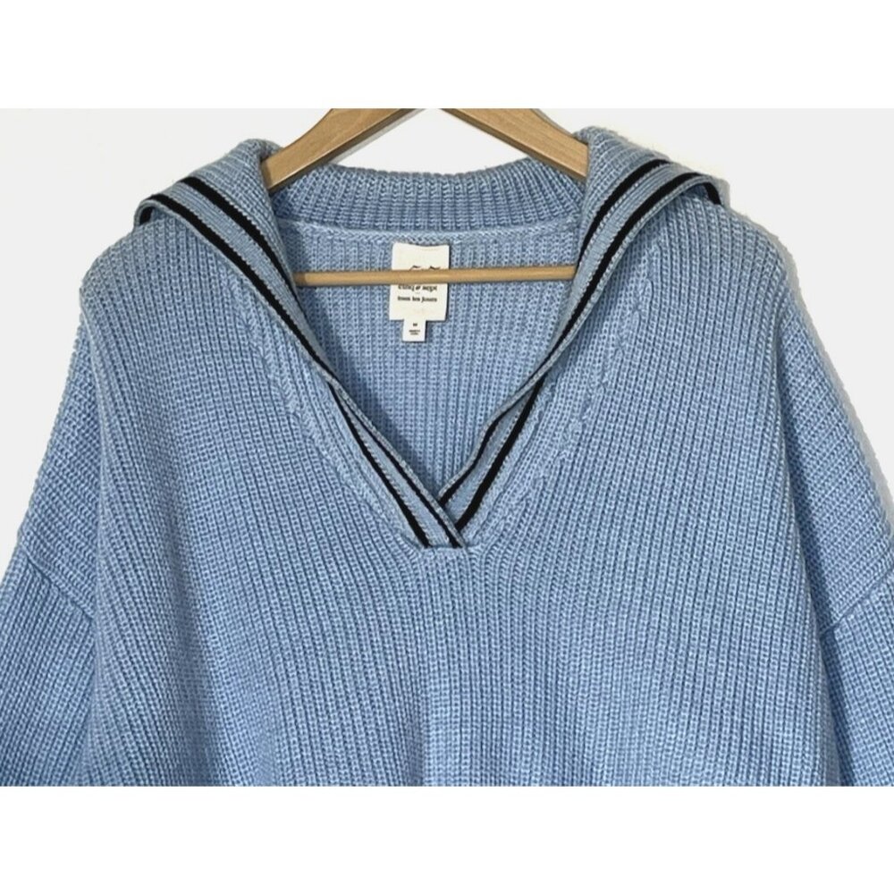 Cinq a Sept Blue Wool blend Cecile Sailor Ribbed Oversize Crop Sweater - Picture 10 of 12